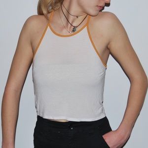 White High Neck Tank Crop Top with Gold Lining